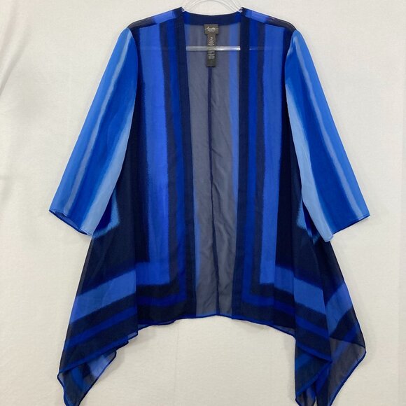 Chico's Travelers size Large/2 Blue Black Abstract Open Sheer Kimono Duster - Picture 1 of 8